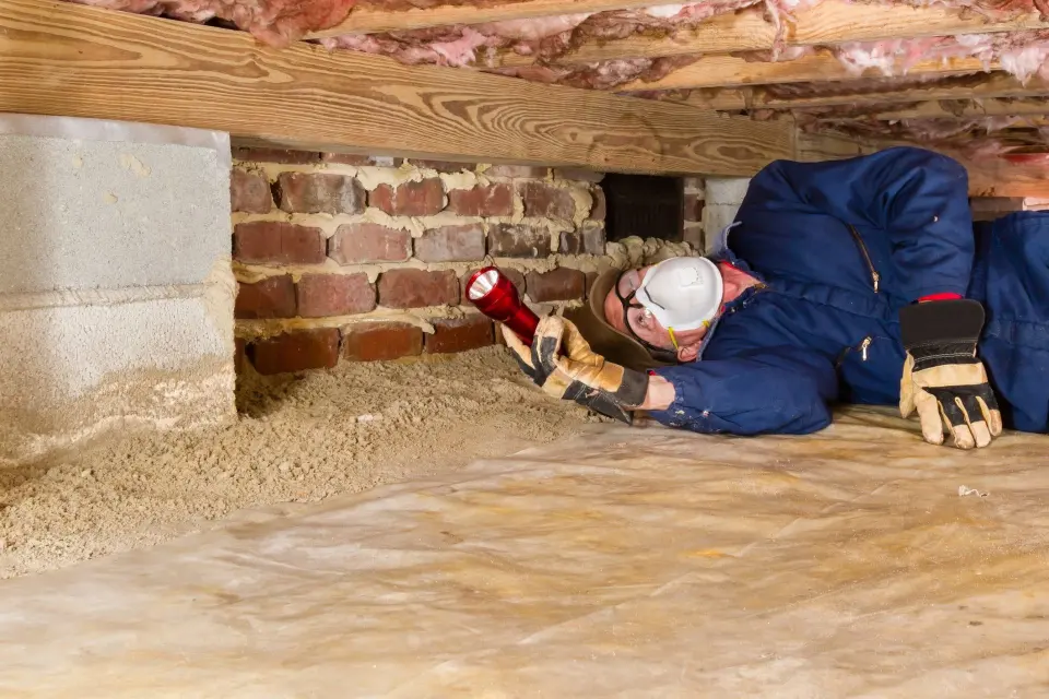 Pest technician inspecting below a home