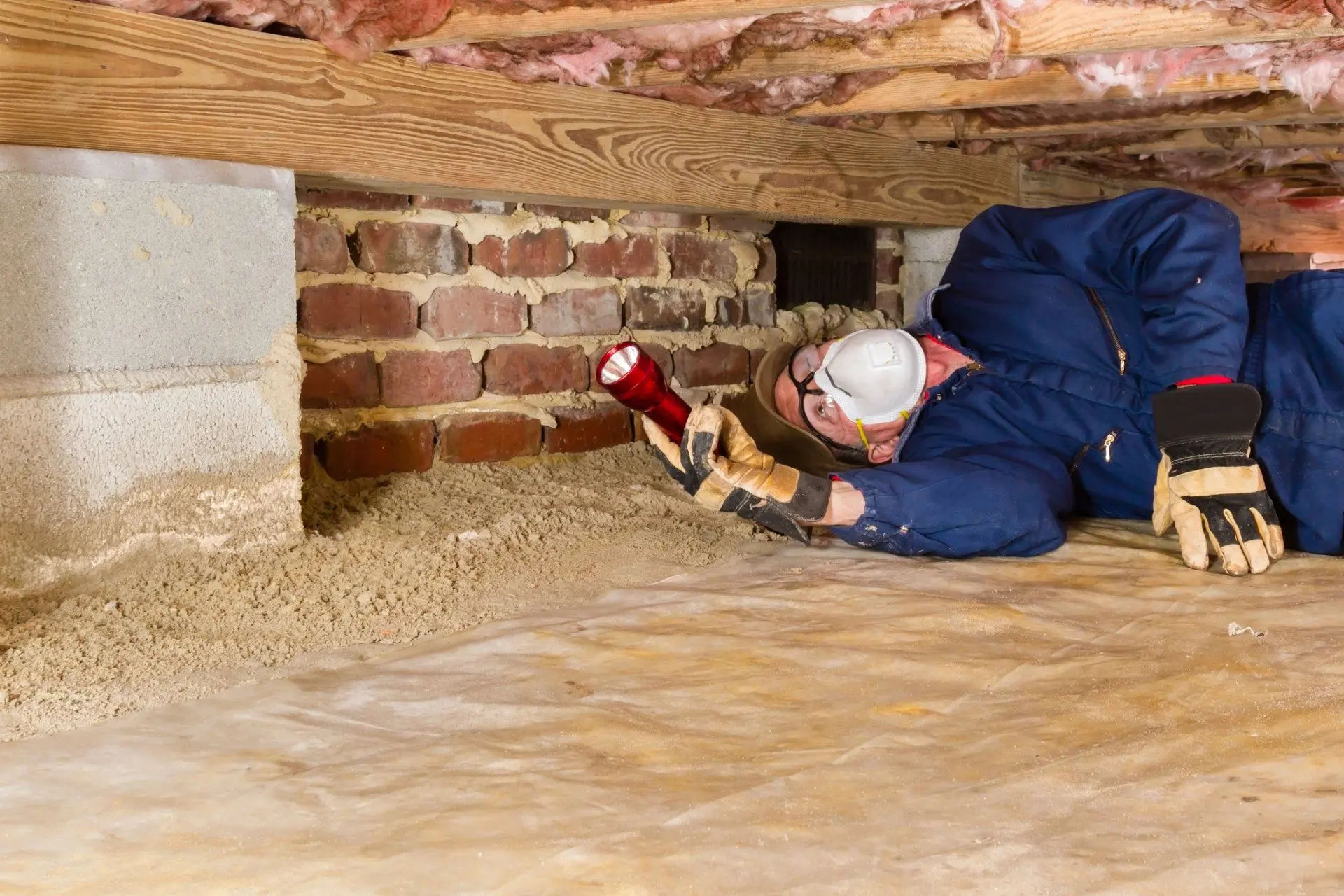 Pest technician inspecting below a home